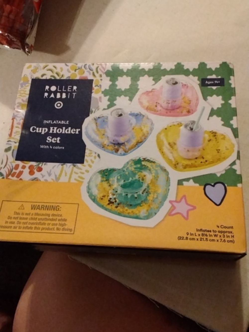Roller Rabbit Heart Inflatable Cup Holder Set - Pink, Yellow, Teal, Blue 1162